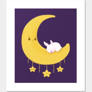 Cute Moon Rabbit Cartoon Illustration Posters and Art